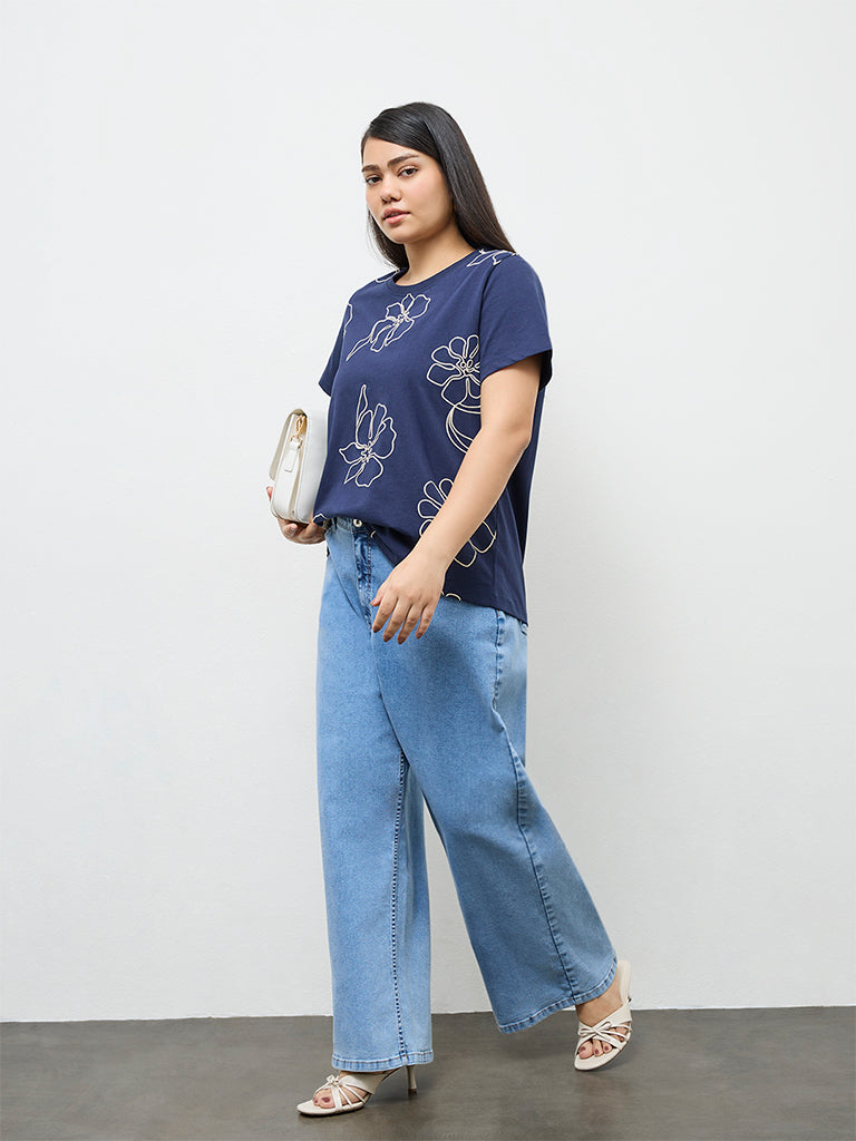 Gia Navy Floral Printed Cotton T-Shirt