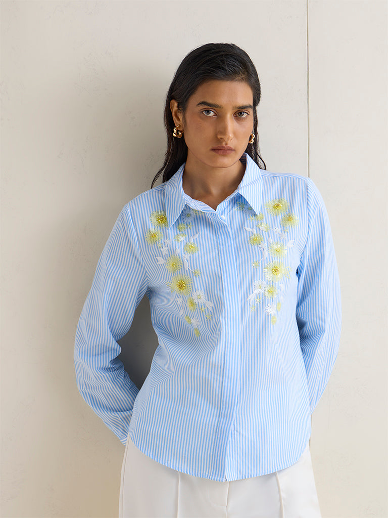 Wardrobe Light Blue Embellished Cotton Blouse