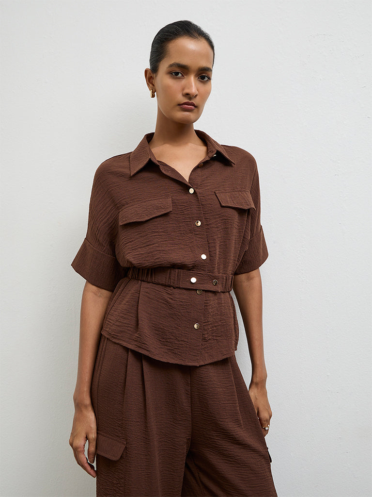 Wardrobe Dark Brown Crinkle-Textured Blouse
