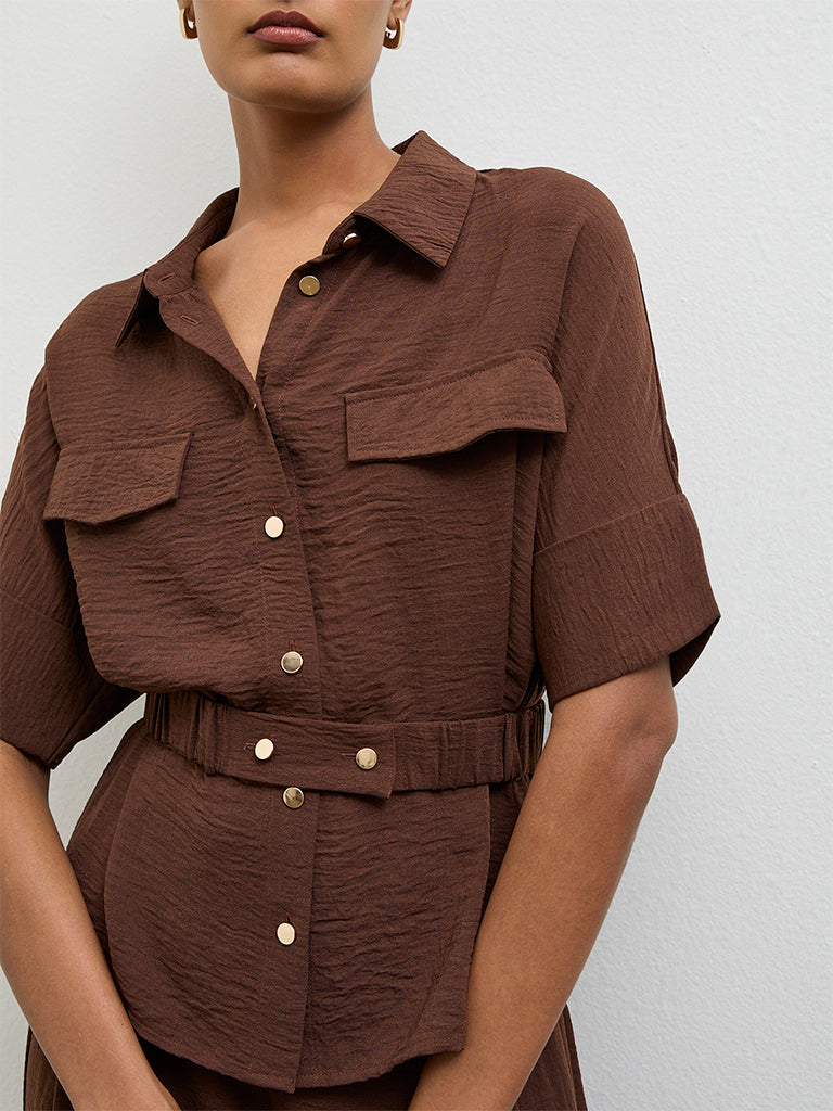Wardrobe Dark Brown Crinkle-Textured Blouse