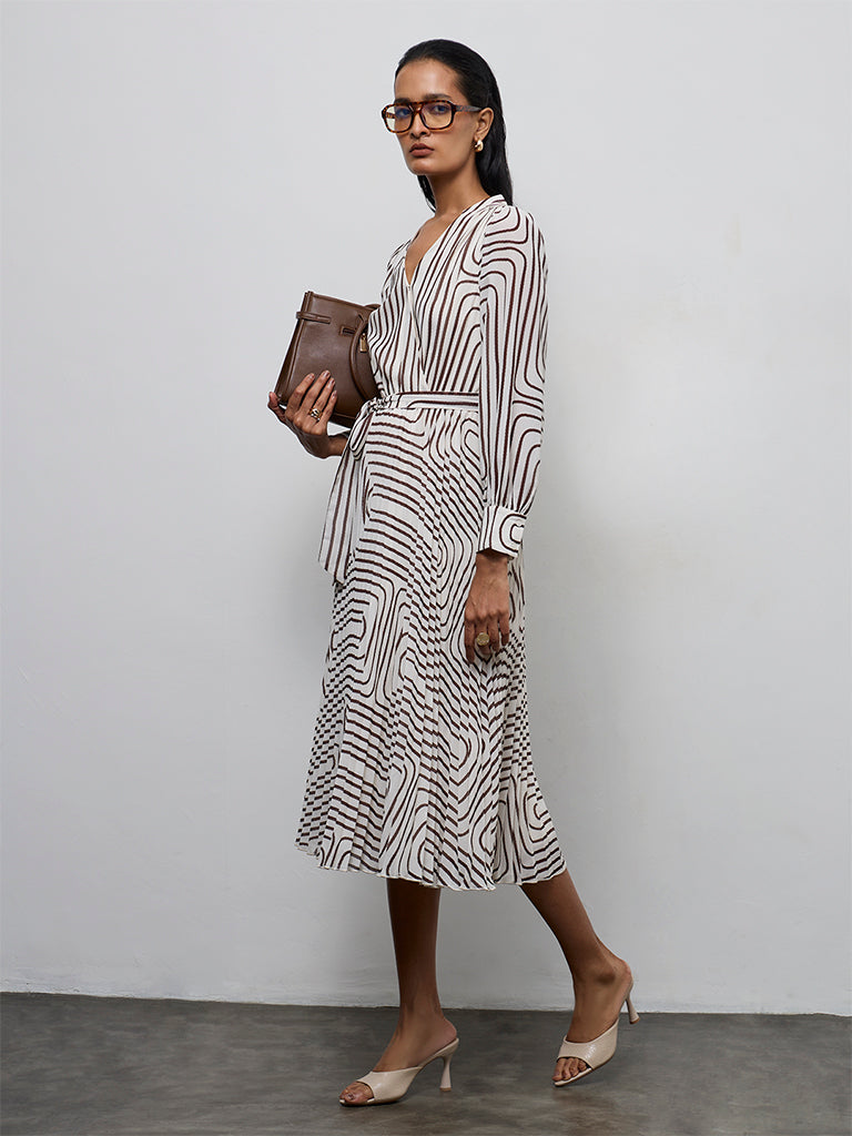 Wardrobe Ivory Geometric Printed A-Line Dress with Belt