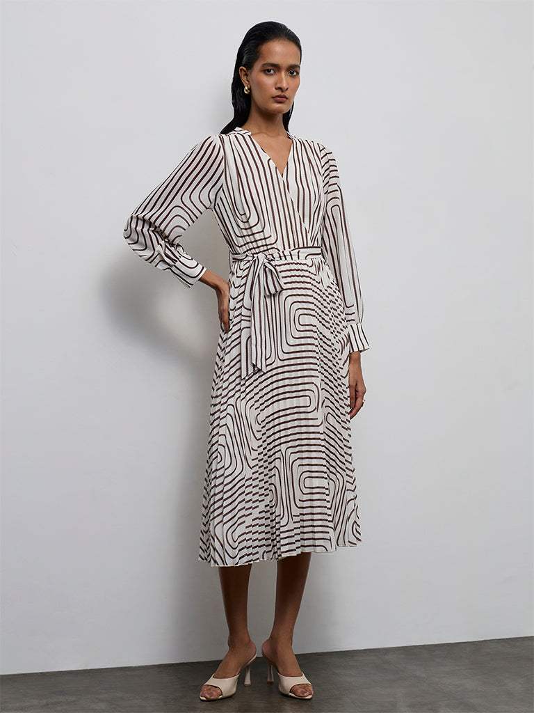 Wardrobe Ivory Geometric Printed A-Line Dress with Belt