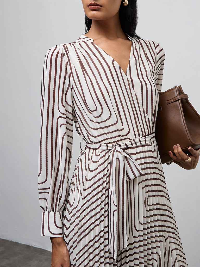 Wardrobe Ivory Geometric Printed A-Line Dress with Belt