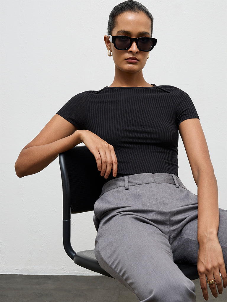 Wardrobe Black Ribbed-Textured Top