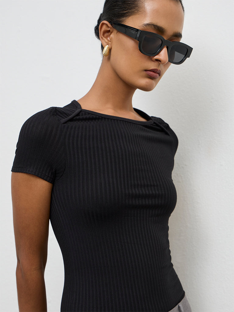 Wardrobe Black Ribbed-Textured Top