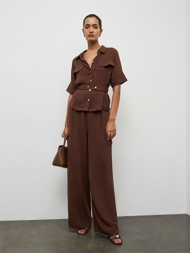 Wardrobe Dark Brown Textured High-Rise Trousers