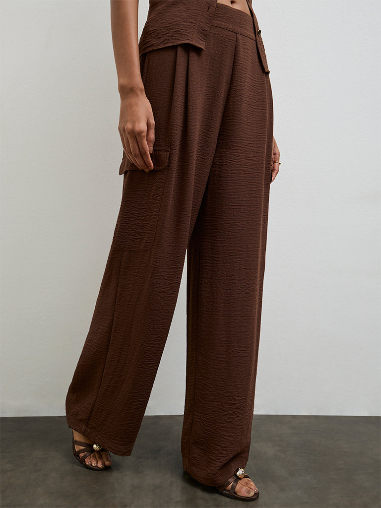 Wardrobe Dark Brown Textured High-Rise Trousers