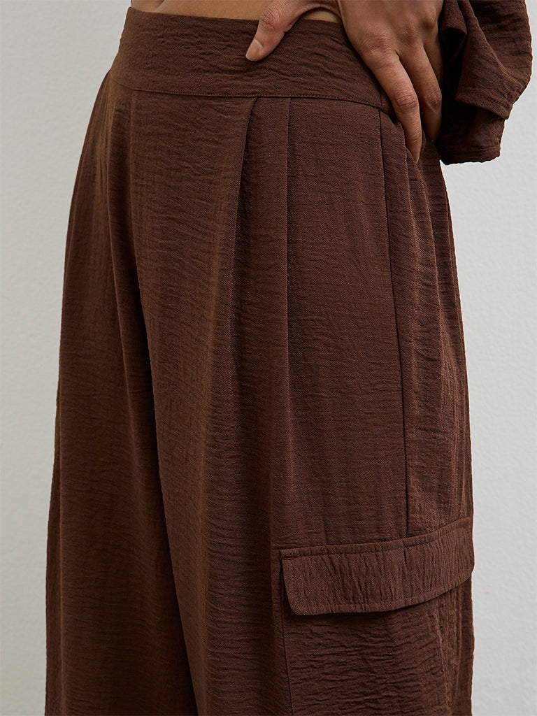 Wardrobe Dark Brown Textured High-Rise Trousers