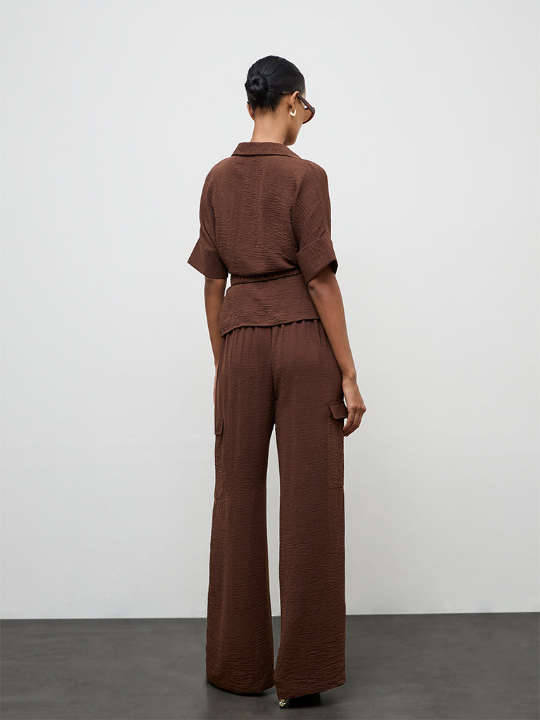 Wardrobe Dark Brown Textured High-Rise Trousers
