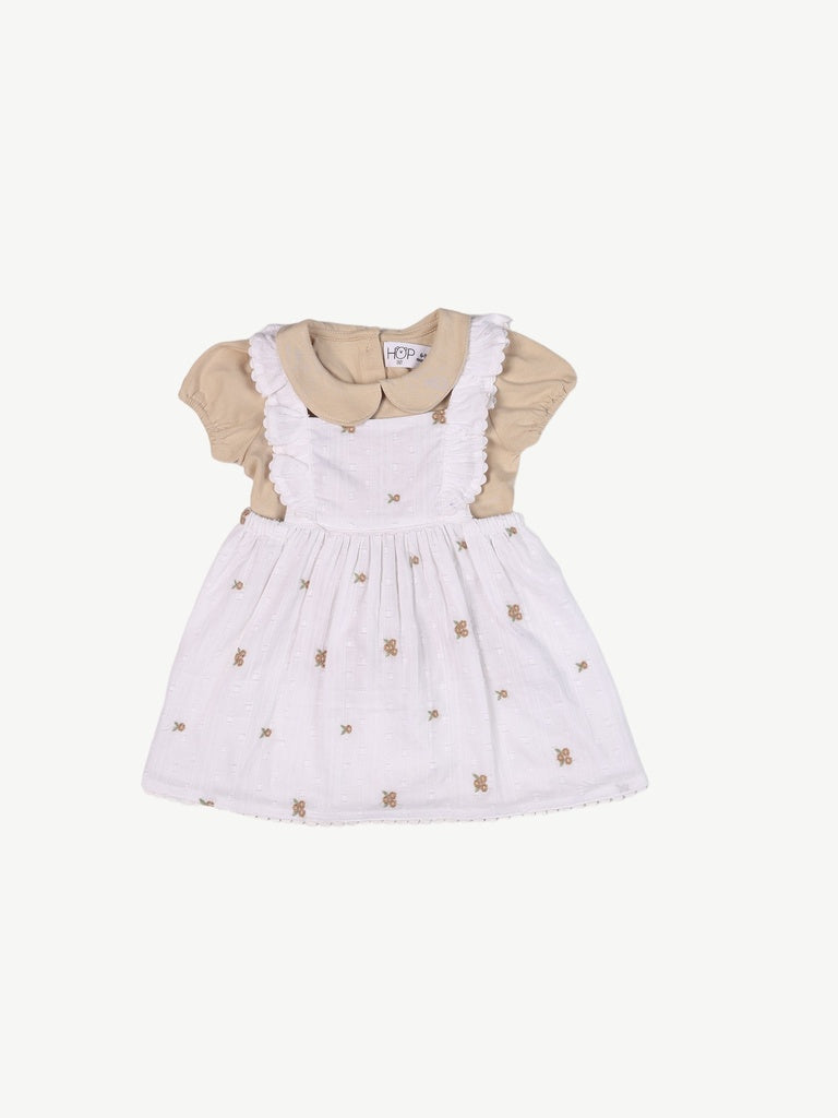 HOP Baby Girls White Printed Cotton Pinafore and T-Shirt Set