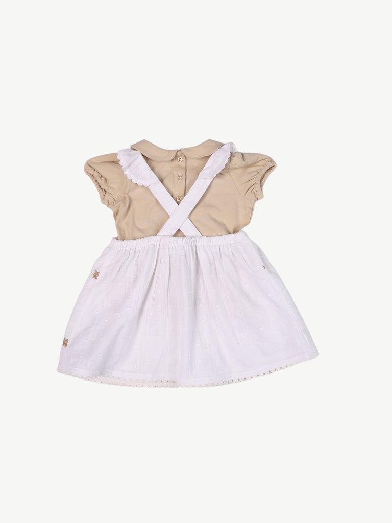 HOP Baby Girls White Printed Cotton Pinafore and T-Shirt Set