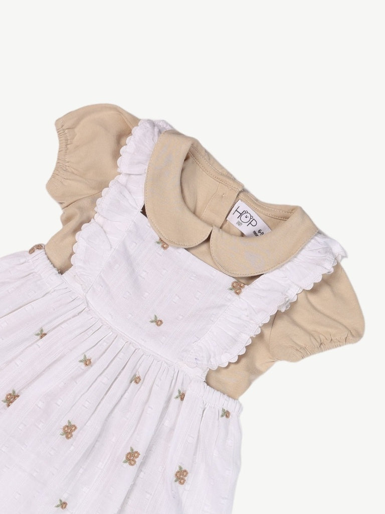HOP Baby Girls White Printed Cotton Pinafore and T-Shirt Set