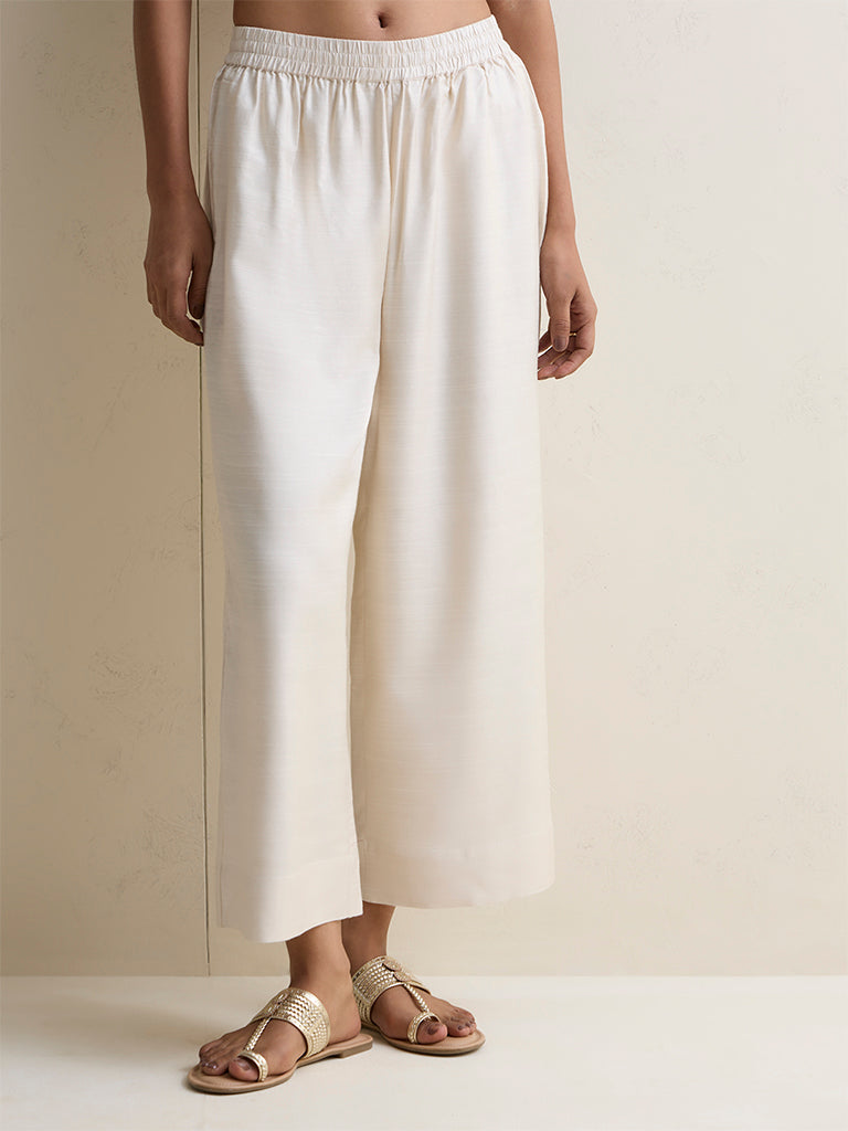 Zuba Light Beige Silk Blend Solid Pants