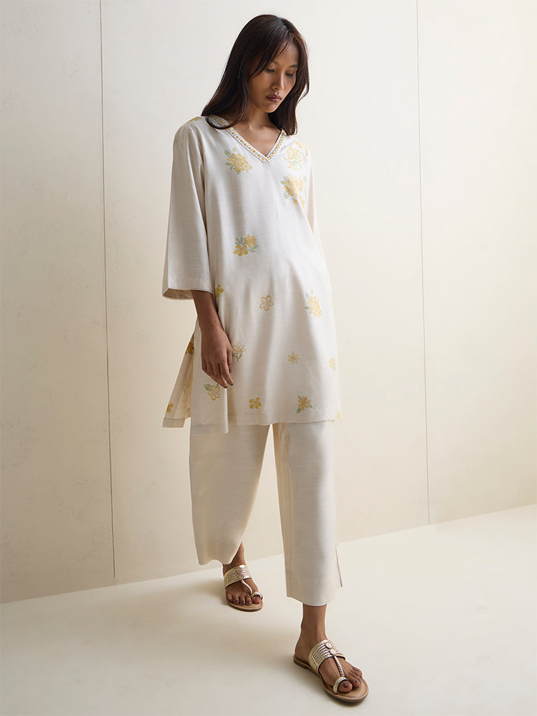 Zuba Light Beige Silk Blend Solid Pants