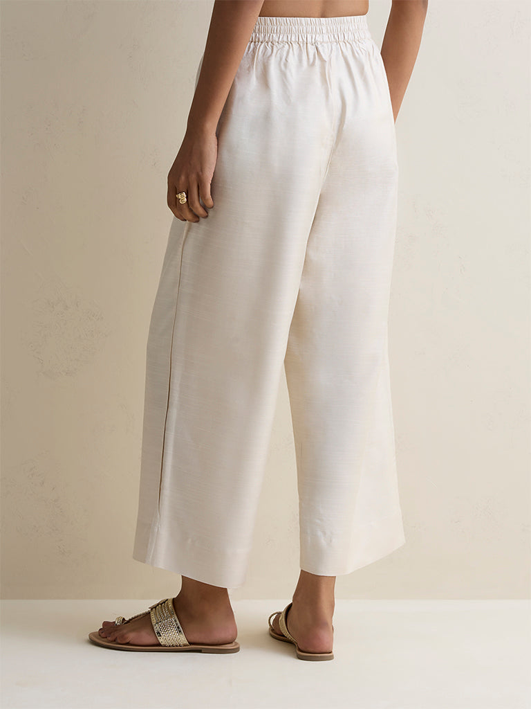Zuba Light Beige Silk Blend Solid Pants