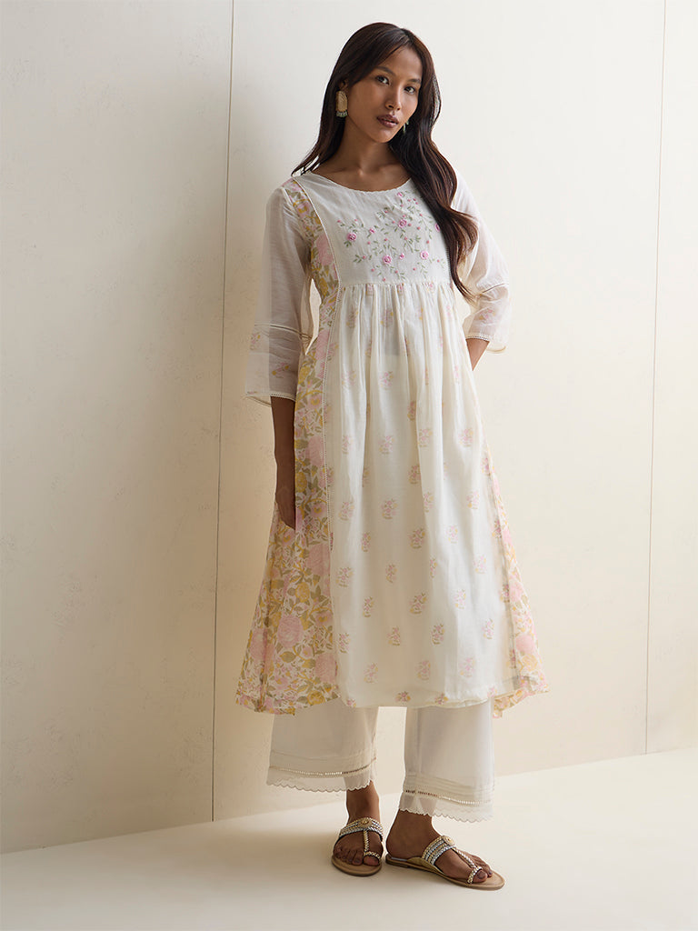 Zuba White Floral Design Anarkali Silk Chanderi Kurta