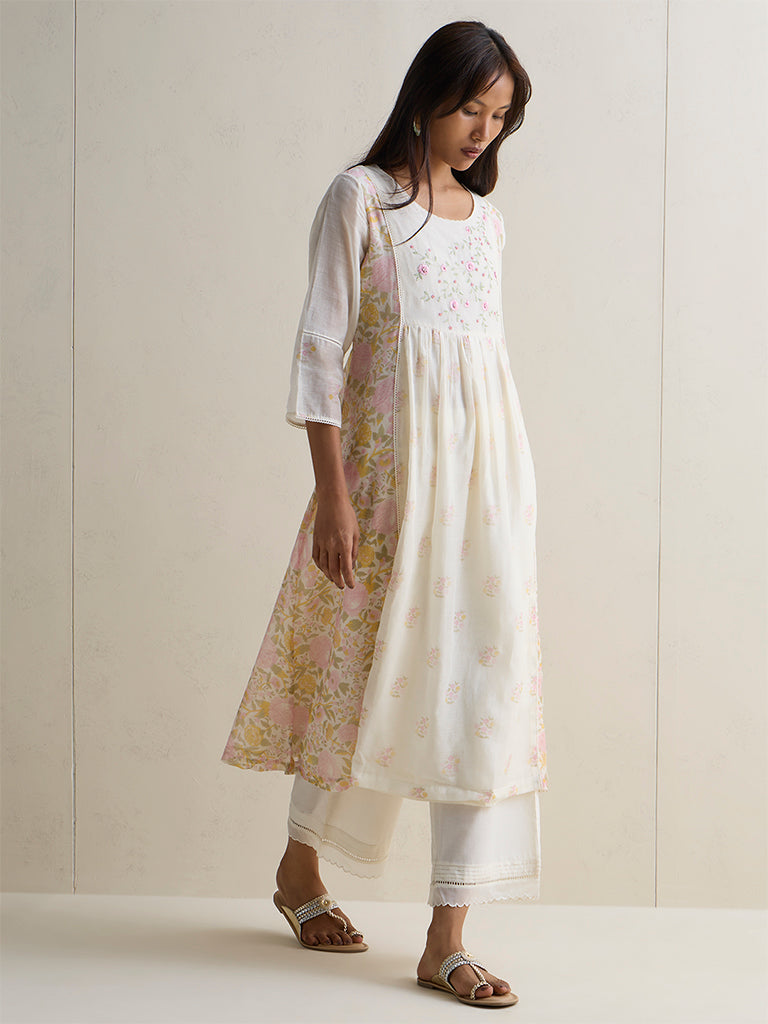 Zuba White Floral Design Anarkali Silk Chanderi Kurta