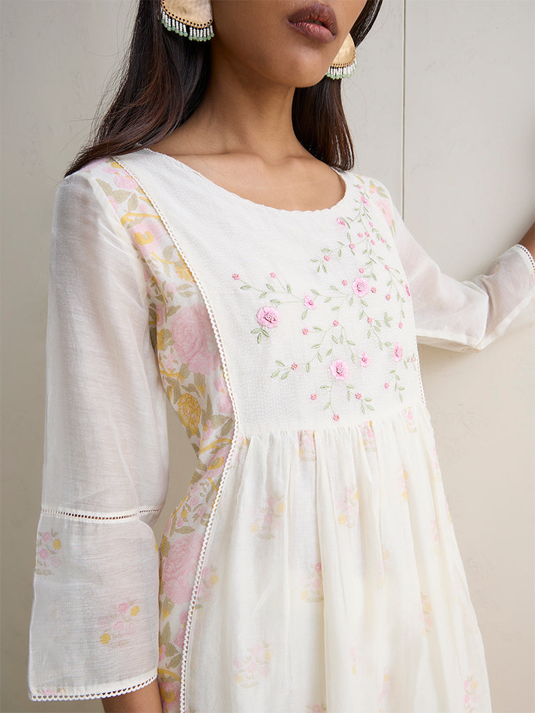 Zuba White Floral Design Anarkali Silk Chanderi Kurta