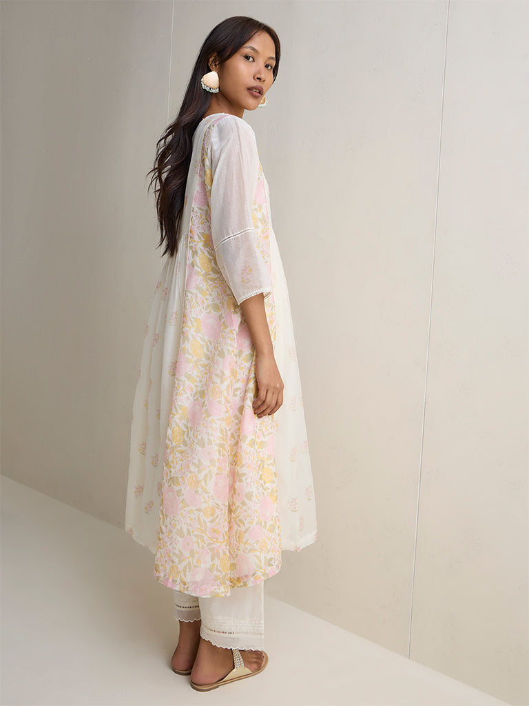 Zuba White Floral Design Anarkali Silk Chanderi Kurta
