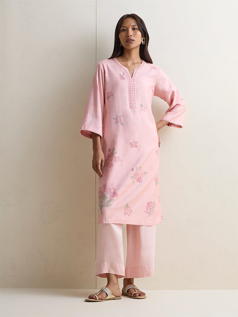 Zuba Pink Floral Pattern Silk Blend A-Line Kurta