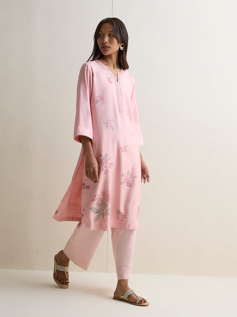 Zuba Pink Floral Pattern Silk Blend A-Line Kurta