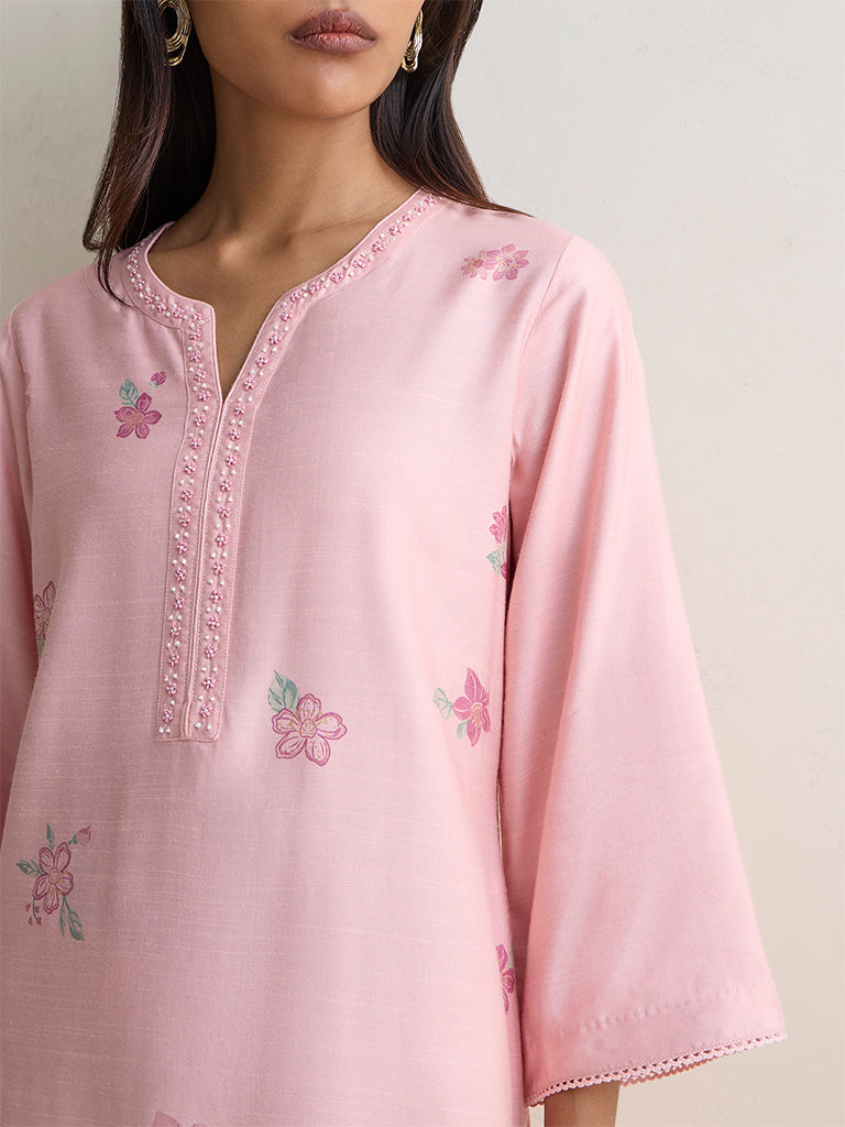 Zuba Pink Floral Pattern Silk Blend A-Line Kurta