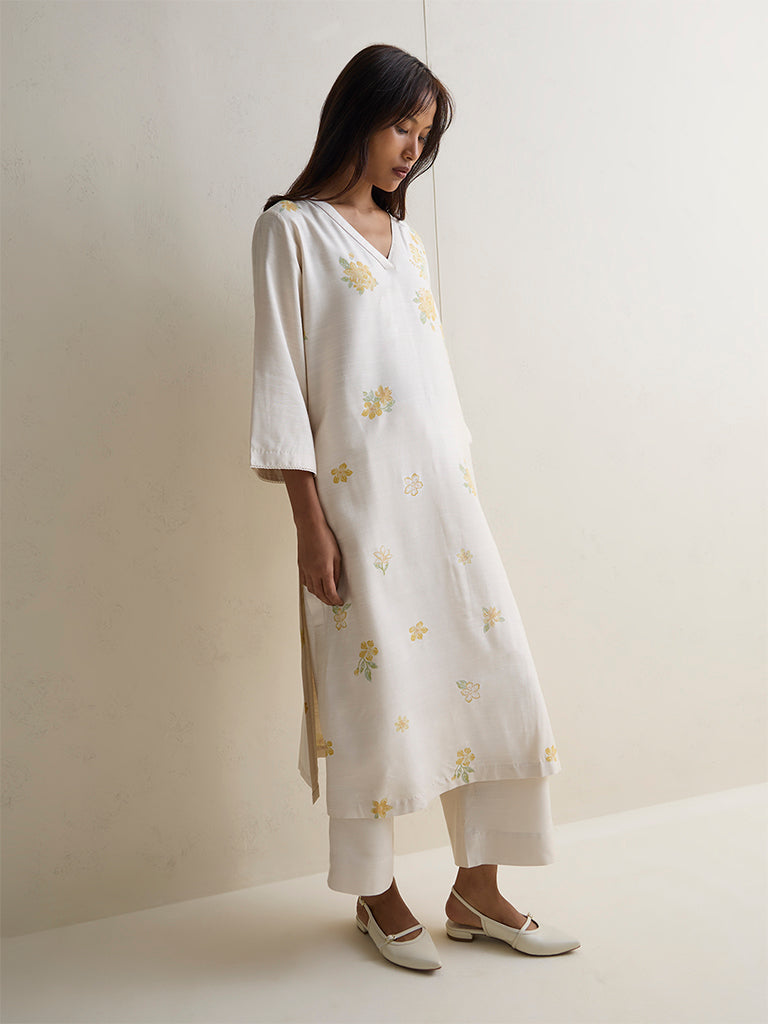 Zuba Ivory Floral Design Silk Blend A-Line Kurta