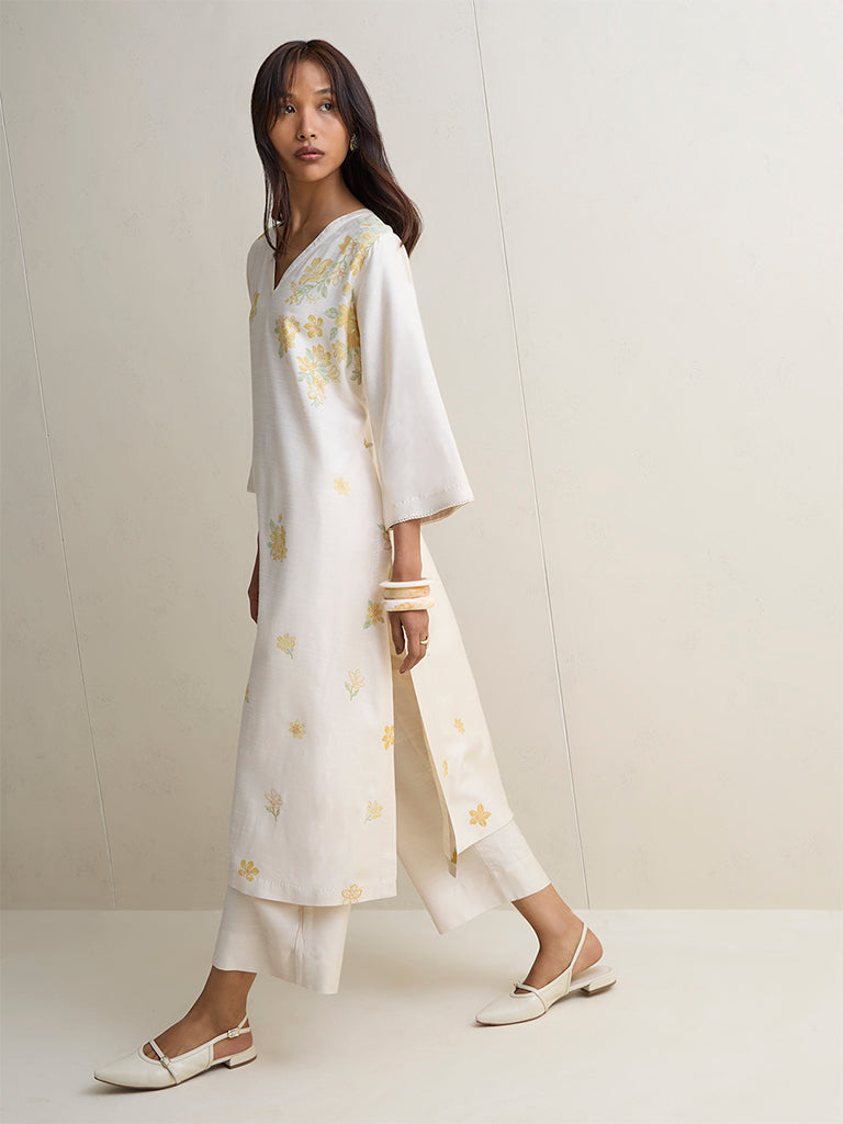Zuba Ivory Floral Design Silk Blend A-Line Kurta