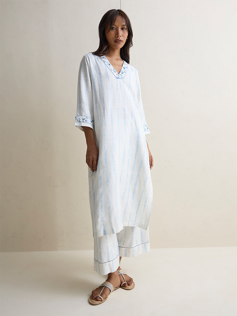 Zuba White Printed Silk Blend A-Line Kurta