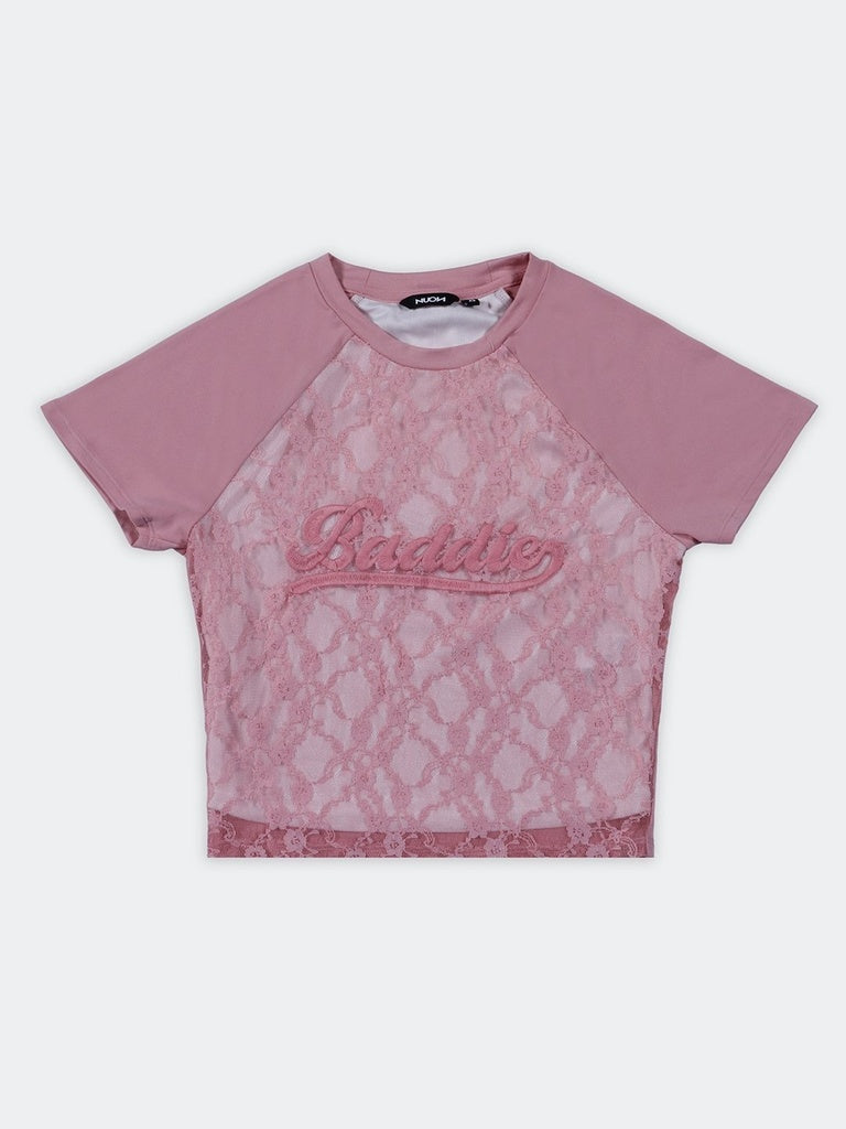 Nuon Pink Lace-Design Cotton T-Shirt