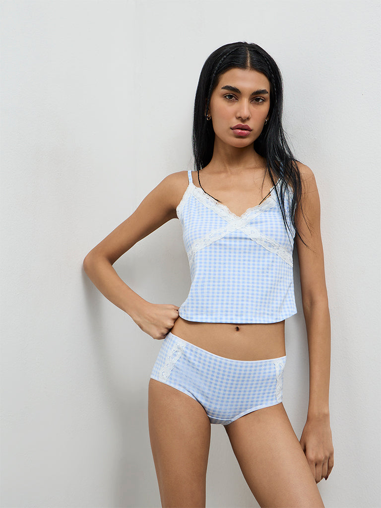 Superstar Blue Checkered Cotton-Blend Camisole and Brief Set