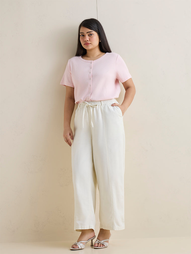 Gia Beige Solid Straight-Fit Cotton-Blend Pants