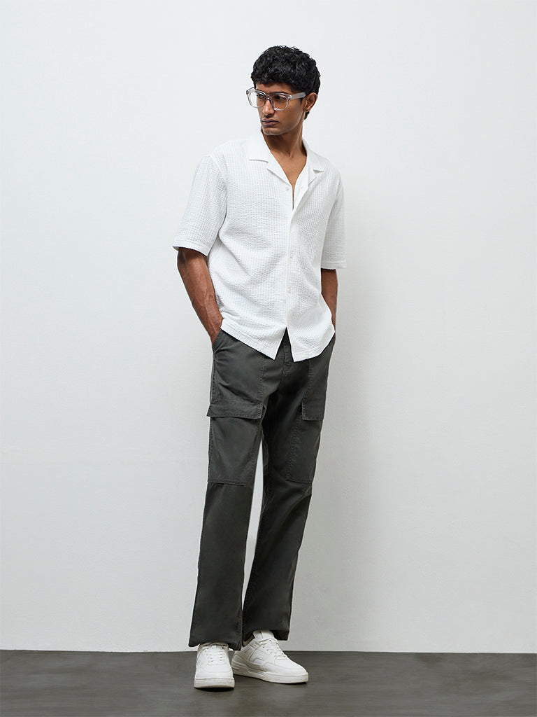 WES Casuals White Textured Relaxed Fit Cotton-Blend Shirt