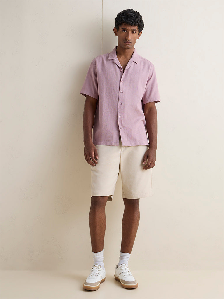 WES Casuals Dusty Pink Sefl-Striped Relaxed-Fit Cotton Shirt