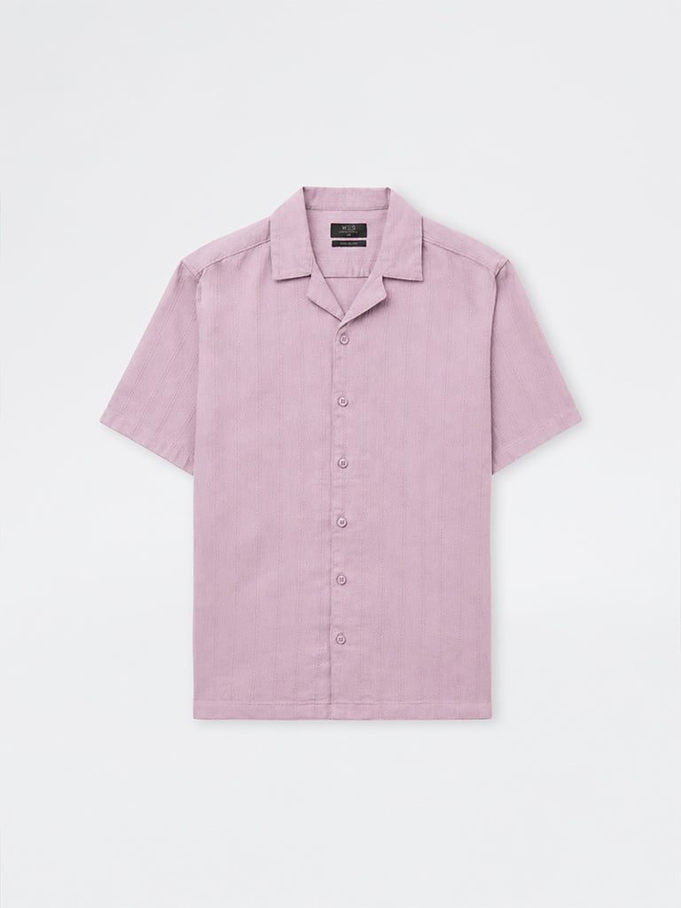 WES Casuals Dusty Pink Sefl-Striped Relaxed-Fit Cotton Shirt