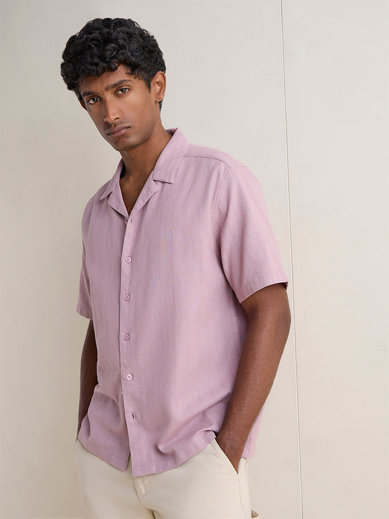 WES Casuals Dusty Pink Sefl-Striped Relaxed-Fit Cotton Shirt