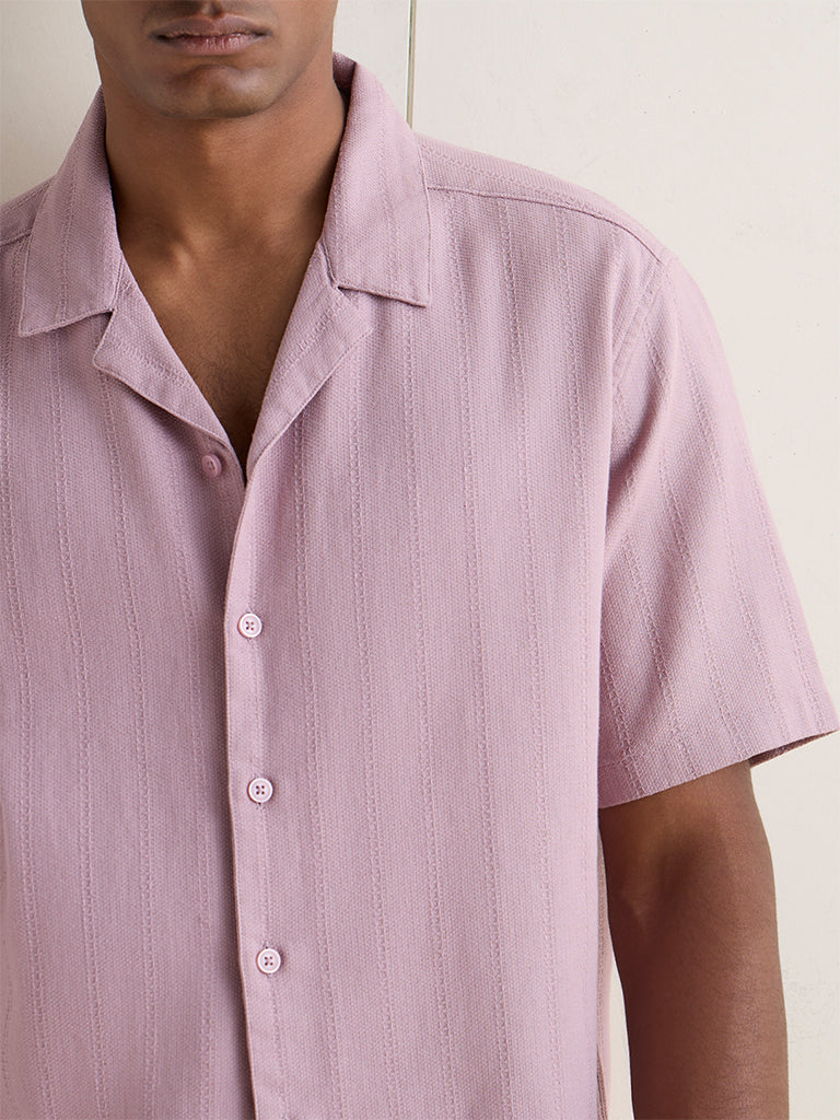 WES Casuals Dusty Pink Sefl-Striped Relaxed-Fit Cotton Shirt