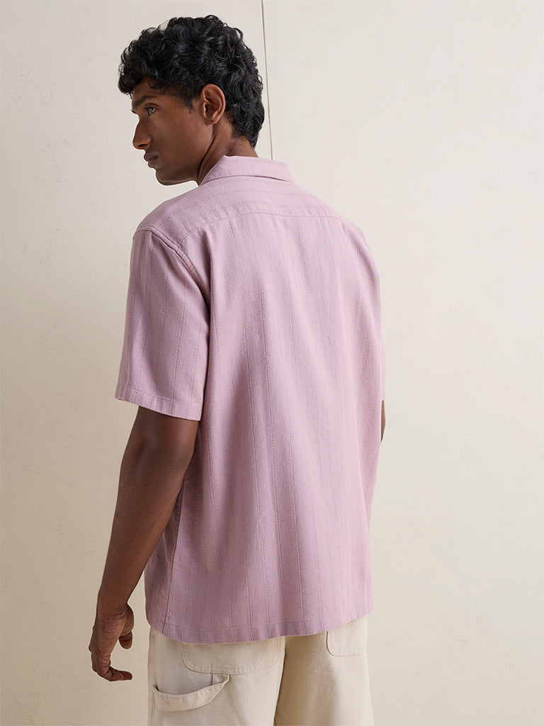 WES Casuals Dusty Pink Sefl-Striped Relaxed-Fit Cotton Shirt