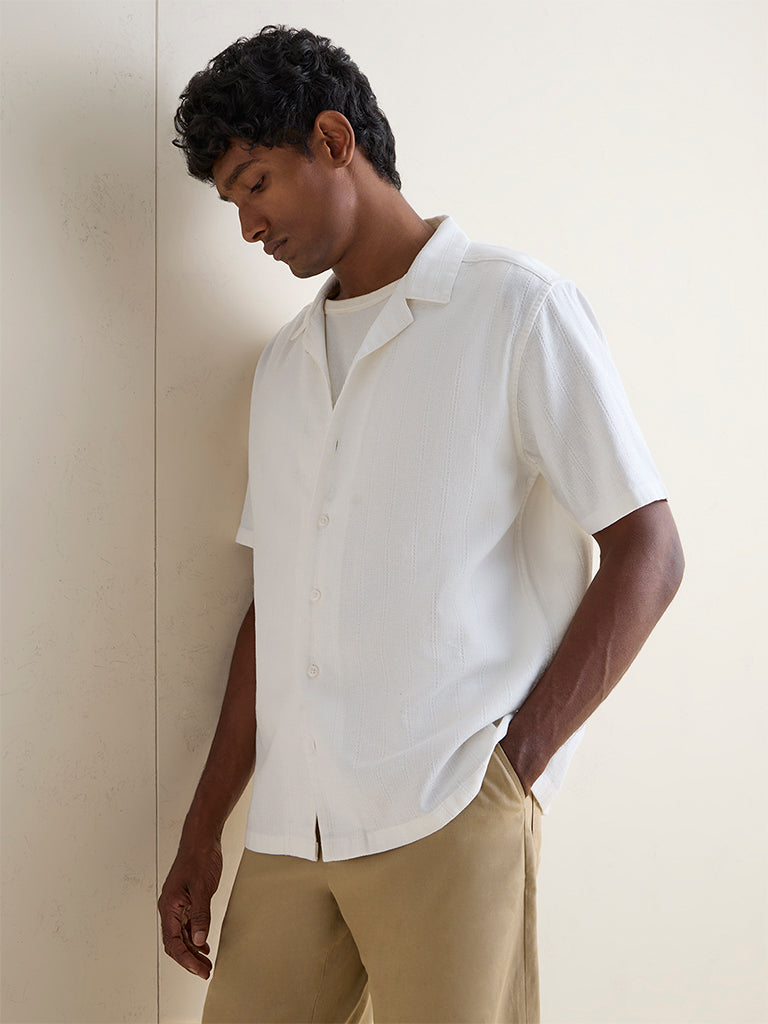 WES Casuals Off-White Striped Relaxed-Fit Cotton Shirt