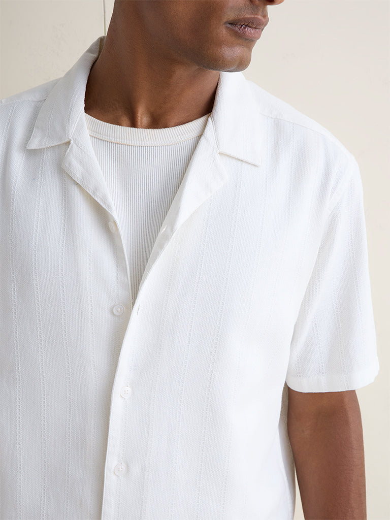 WES Casuals Off-White Striped Relaxed-Fit Cotton Shirt