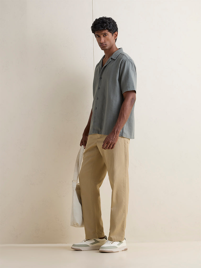 WES Casuals Dark Sage Sefl-Striped Relaxed-Fit Cotton Shirt