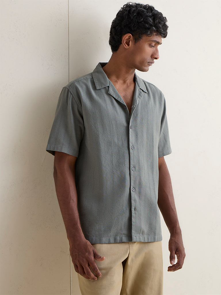 WES Casuals Dark Sage Sefl-Striped Relaxed-Fit Cotton Shirt