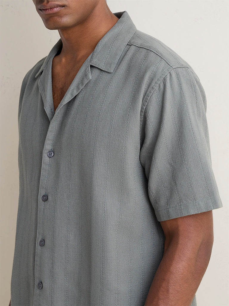 WES Casuals Dark Sage Sefl-Striped Relaxed-Fit Cotton Shirt