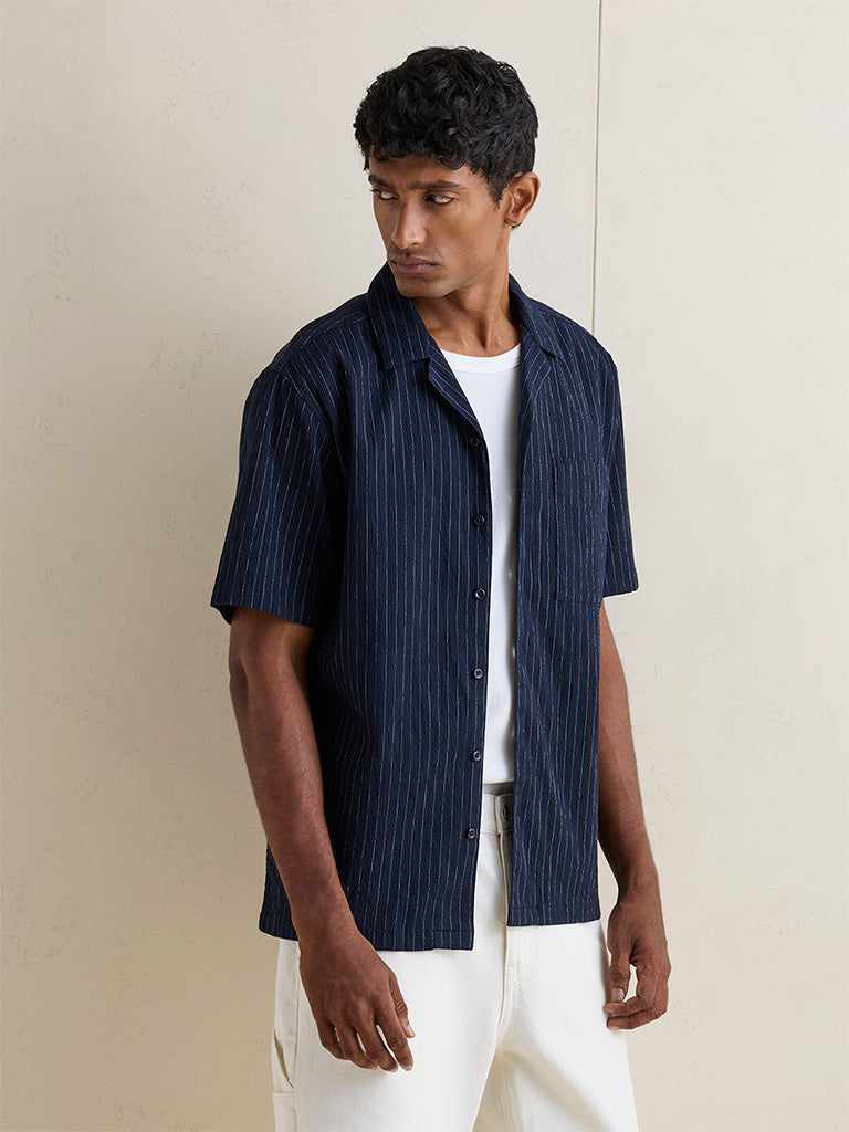WES Casuals Navy Pinstripe Relaxed-Fit Cotton-Blend Shirt
