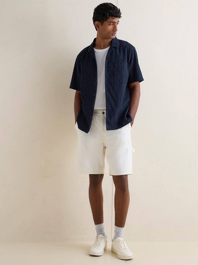 WES Casuals Navy Pinstripe Relaxed-Fit Cotton-Blend Shirt