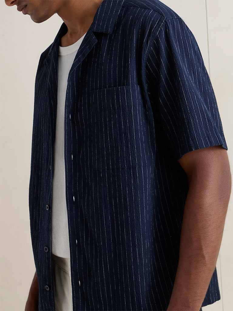WES Casuals Navy Pinstripe Relaxed-Fit Cotton-Blend Shirt