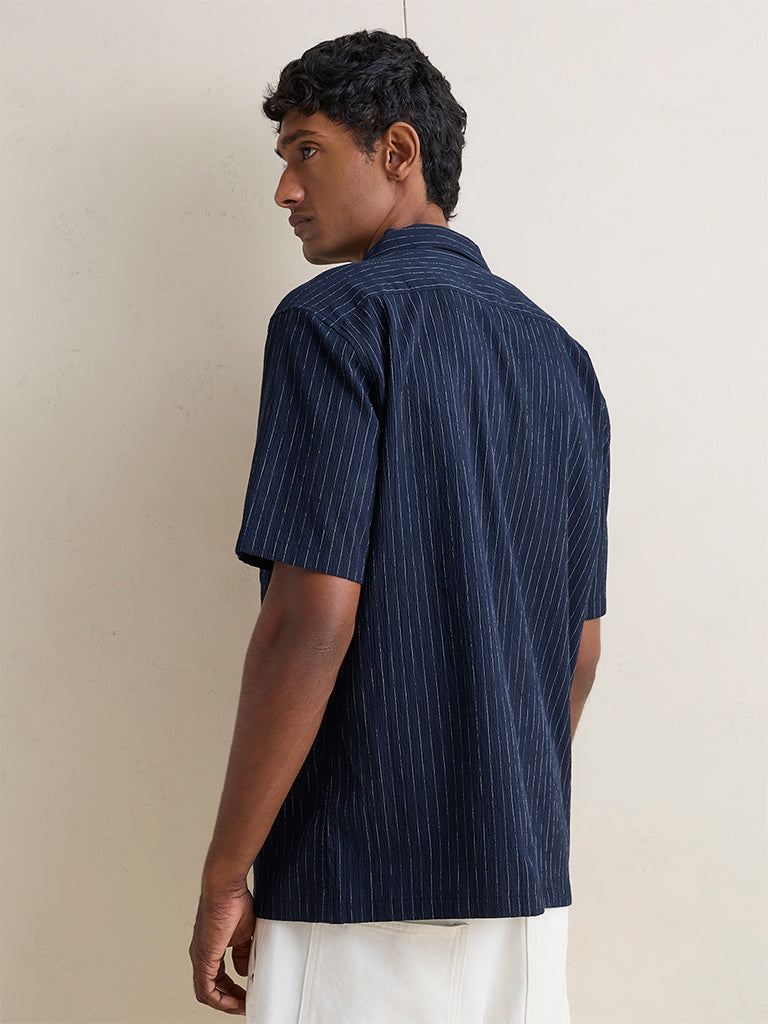 WES Casuals Navy Pinstripe Relaxed-Fit Cotton-Blend Shirt