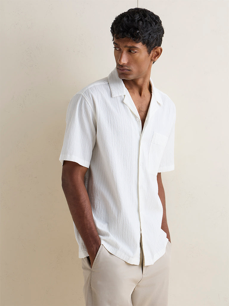 WES Casuals Off-White Textured Relaxed-Fit Cotton-Blend Shirt