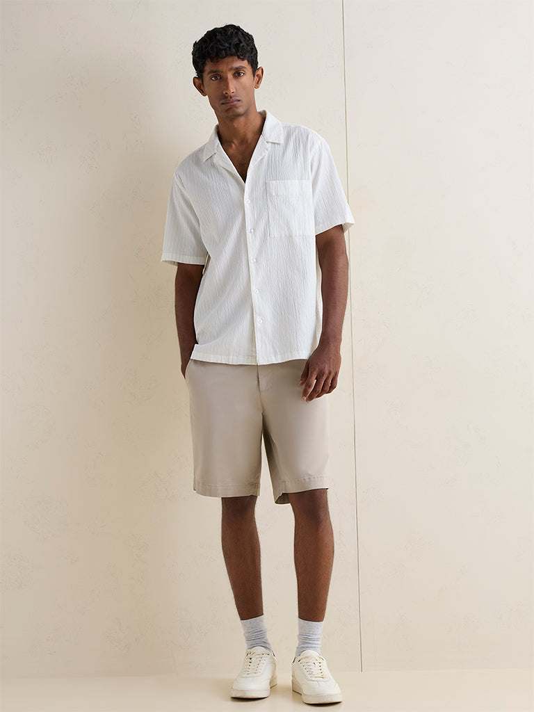 WES Casuals Off-White Textured Relaxed-Fit Cotton-Blend Shirt