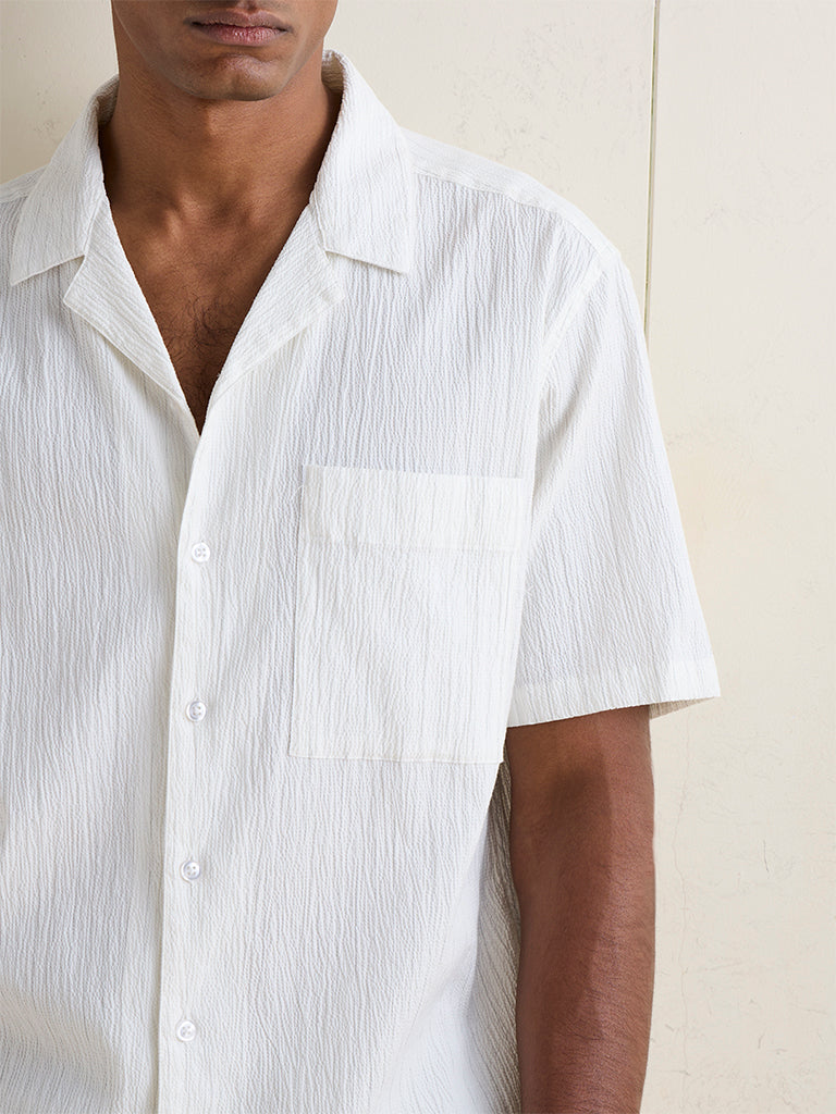 WES Casuals Off-White Textured Relaxed-Fit Cotton-Blend Shirt